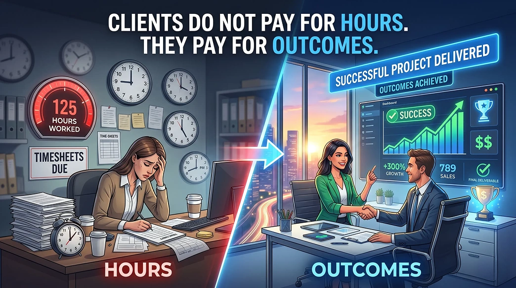Clients Do Not Pay for Hours, They Pay for Outcomes illustration emphasizing value-driven work, strategic results, expert problem solving, and outcome-based business thinking