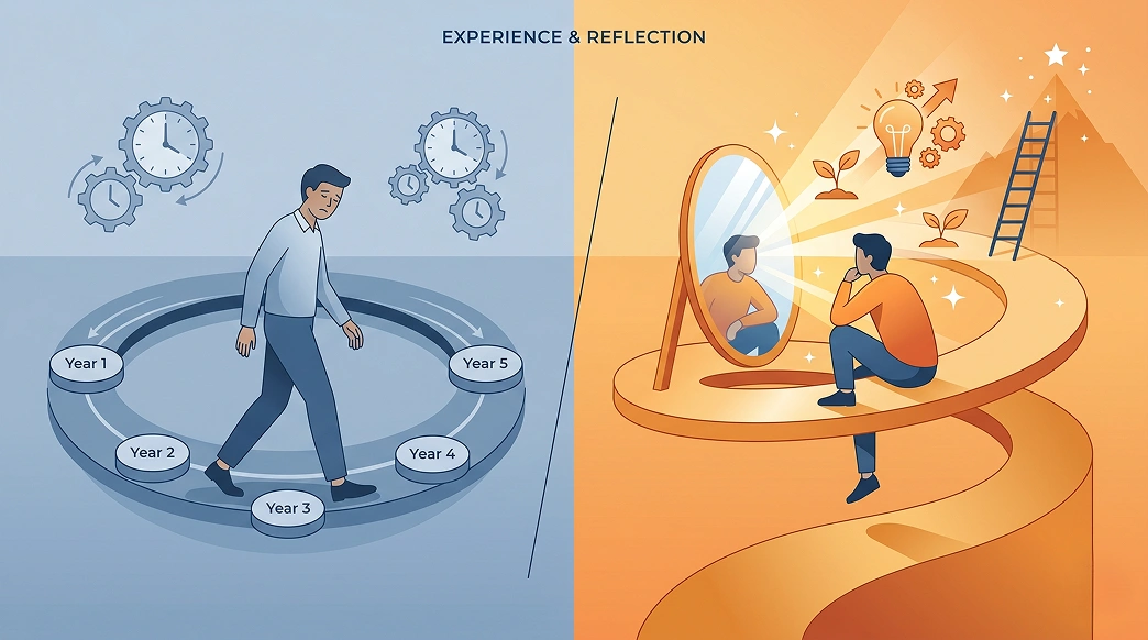 Experience Without Reflection Is Just Repetition illustration emphasizing continuous learning, strategic thinking, self-analysis, and growth beyond repetitive work in creative careers