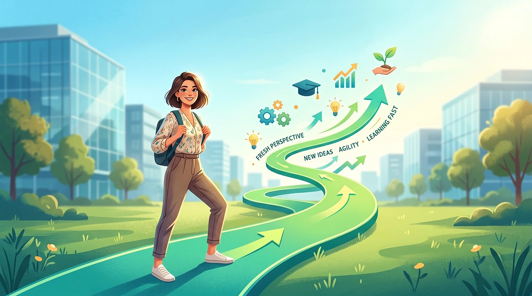 Starting as a Fresher Is Not a Disadvantage illustration showing beginner growth, learning potential, strategic skill development, and opportunities in the expert economy
