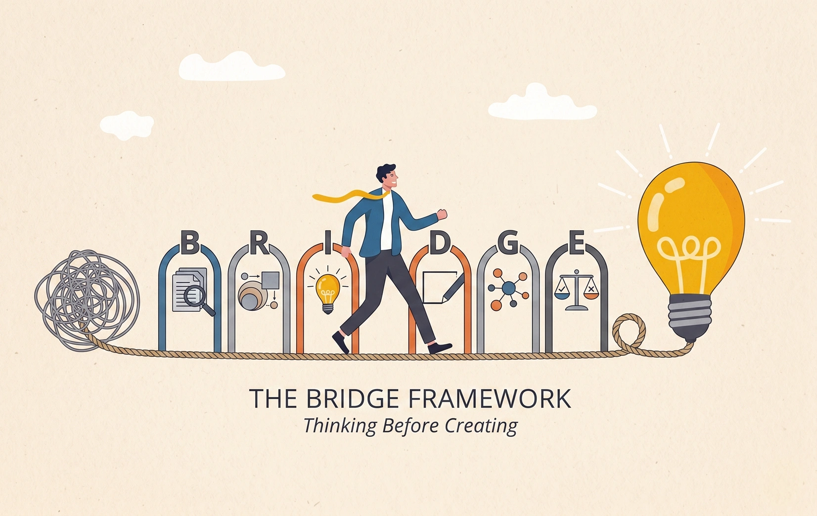 The BRIDGE Framework Thinking Before Creating illustration showing strategic thinking, problem diagnosis, branding analysis, and structured creative decision-making before execution