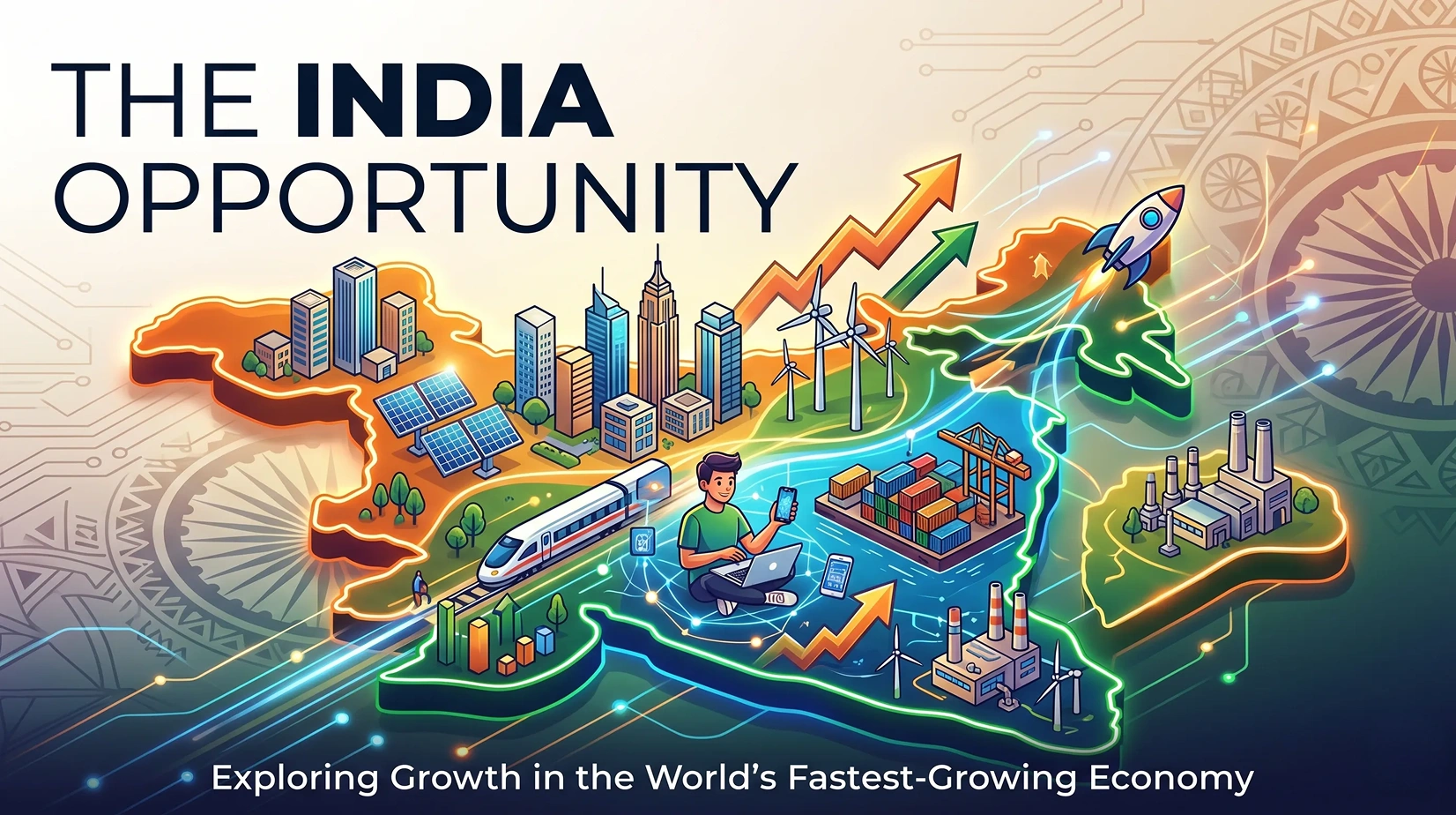 The India Opportunity illustration highlighting India’s growth in the expert economy, digital innovation, creative industries, strategic talent, and global business opportunities