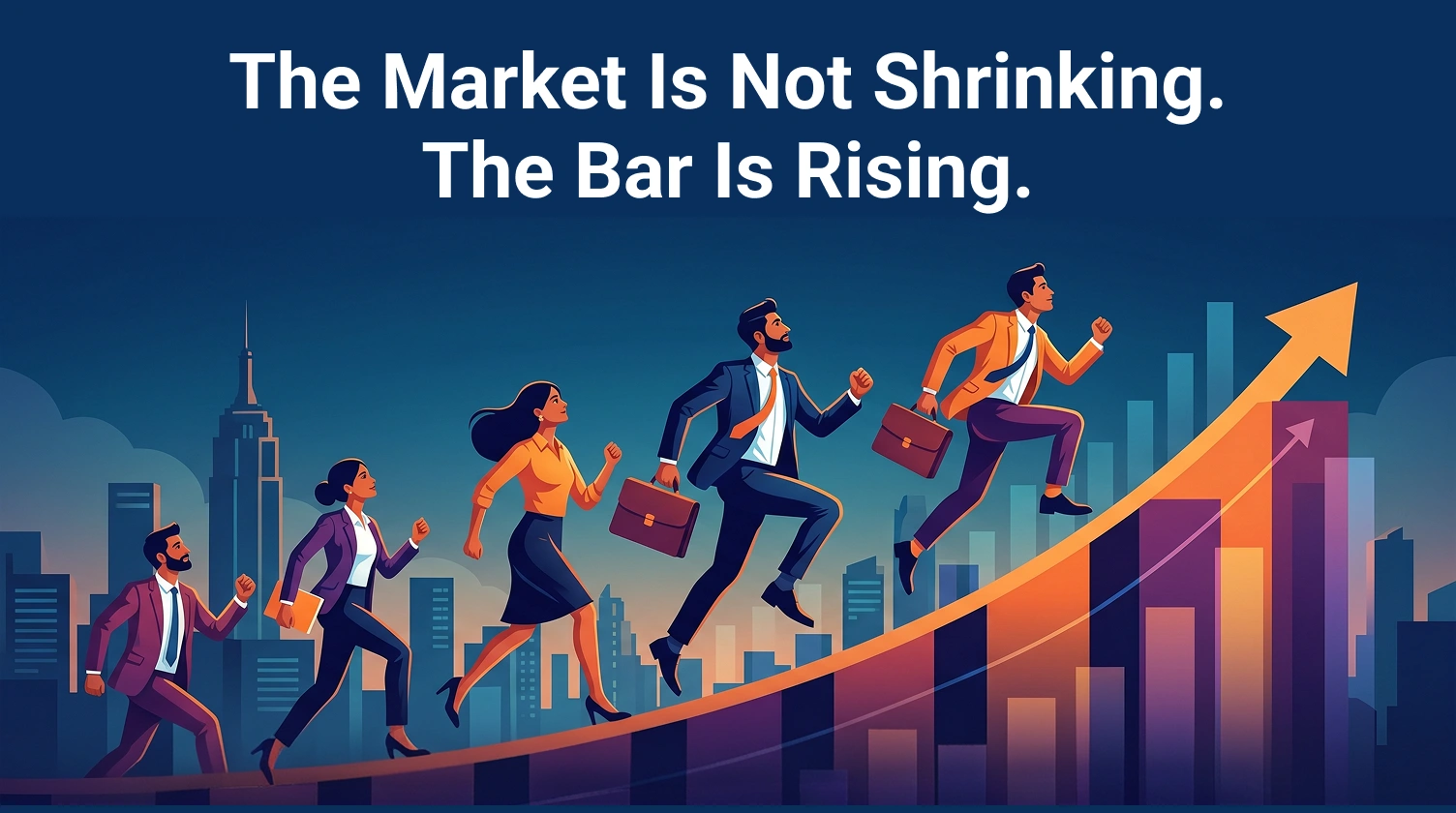The Market Is Not Shrinking, The Bar Is Rising illustration showing increasing industry standards, demand for strategic expertise, and the evolution of skills in the expert economy
