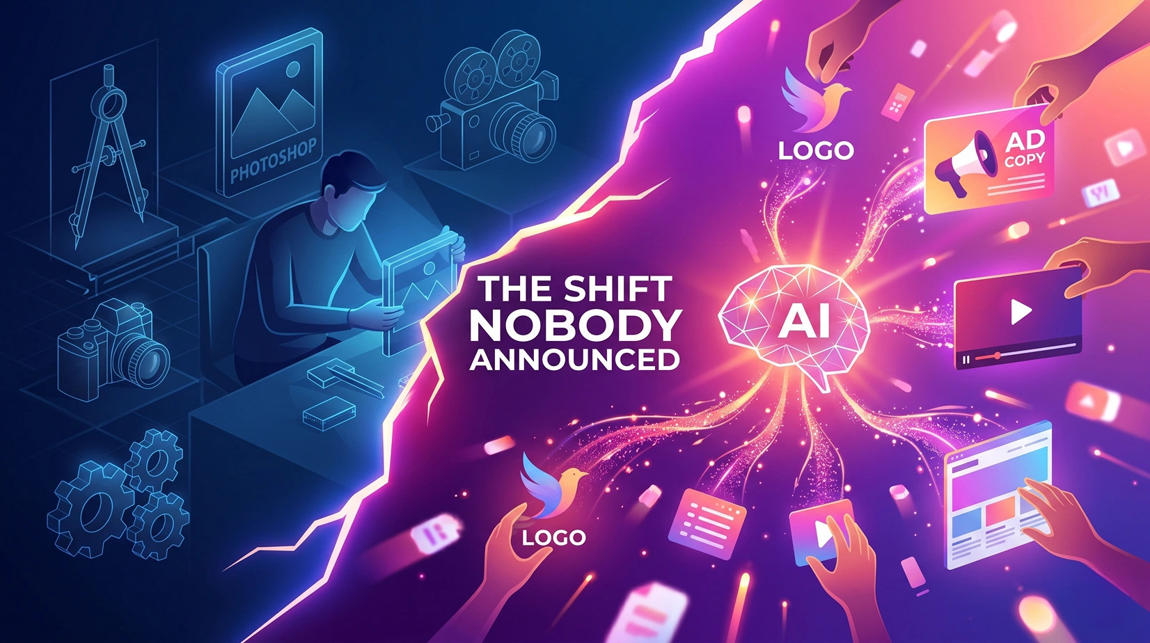 The Shift Nobody Announced illustration representing the transition to the expert economy, changing business strategies, evolving creative industries, and modern problem-solving systems