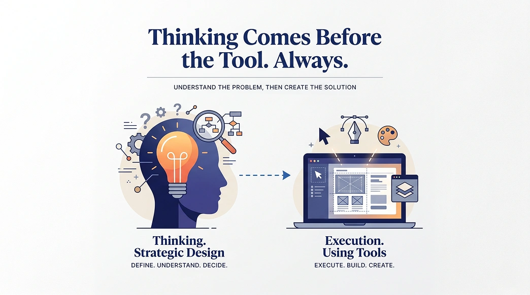 The Thinking Comes Before the Tool Always illustration emphasizing strategic thinking, problem-solving, and human creativity before using AI tools or digital platforms