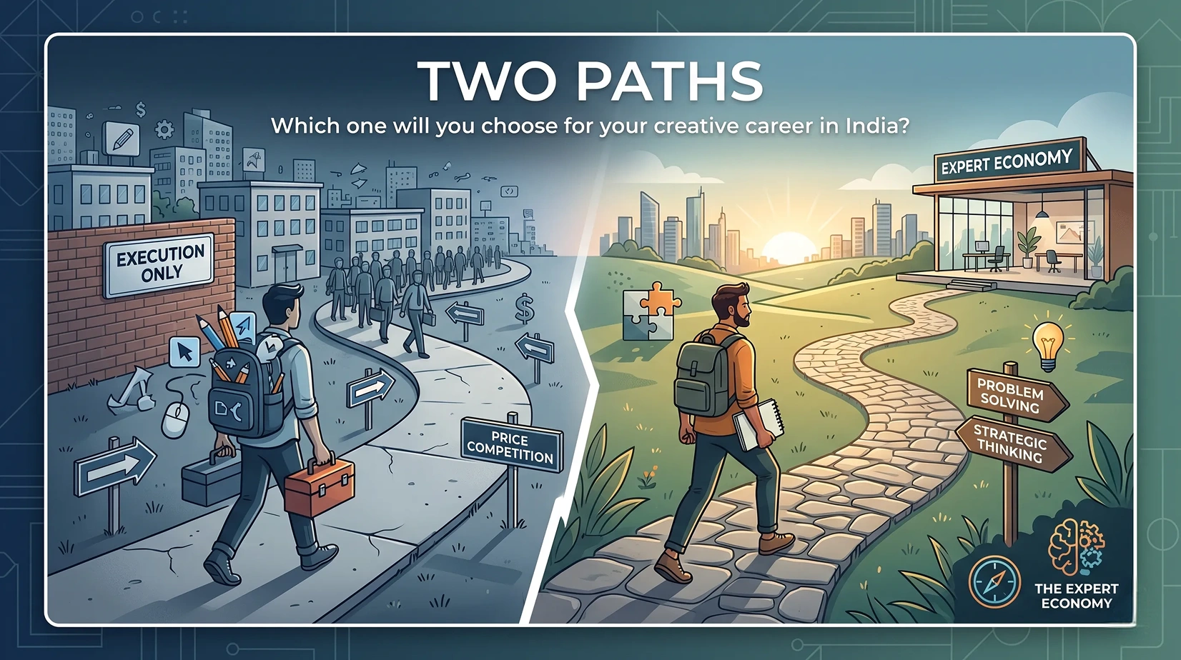 Two Paths illustration comparing traditional execution-based careers with strategic expert-driven growth in the modern creative and digital economy