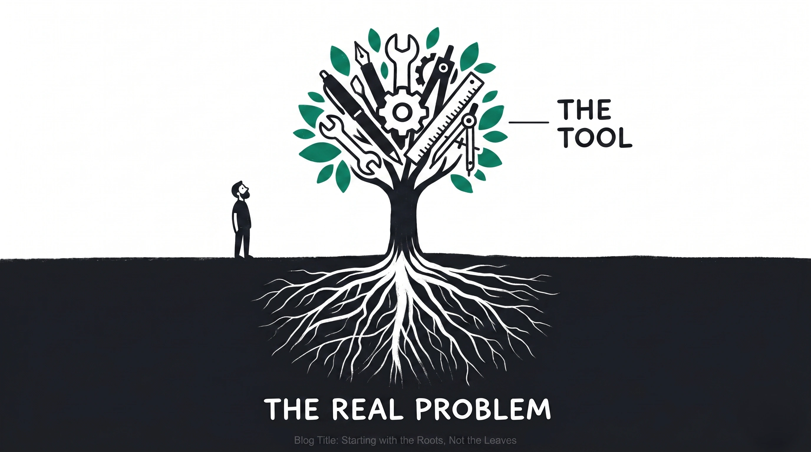 We Start With the Problem Not the Tool illustration emphasizing strategic thinking, root-cause analysis, and solving business problems before choosing digital tools or creative solutions