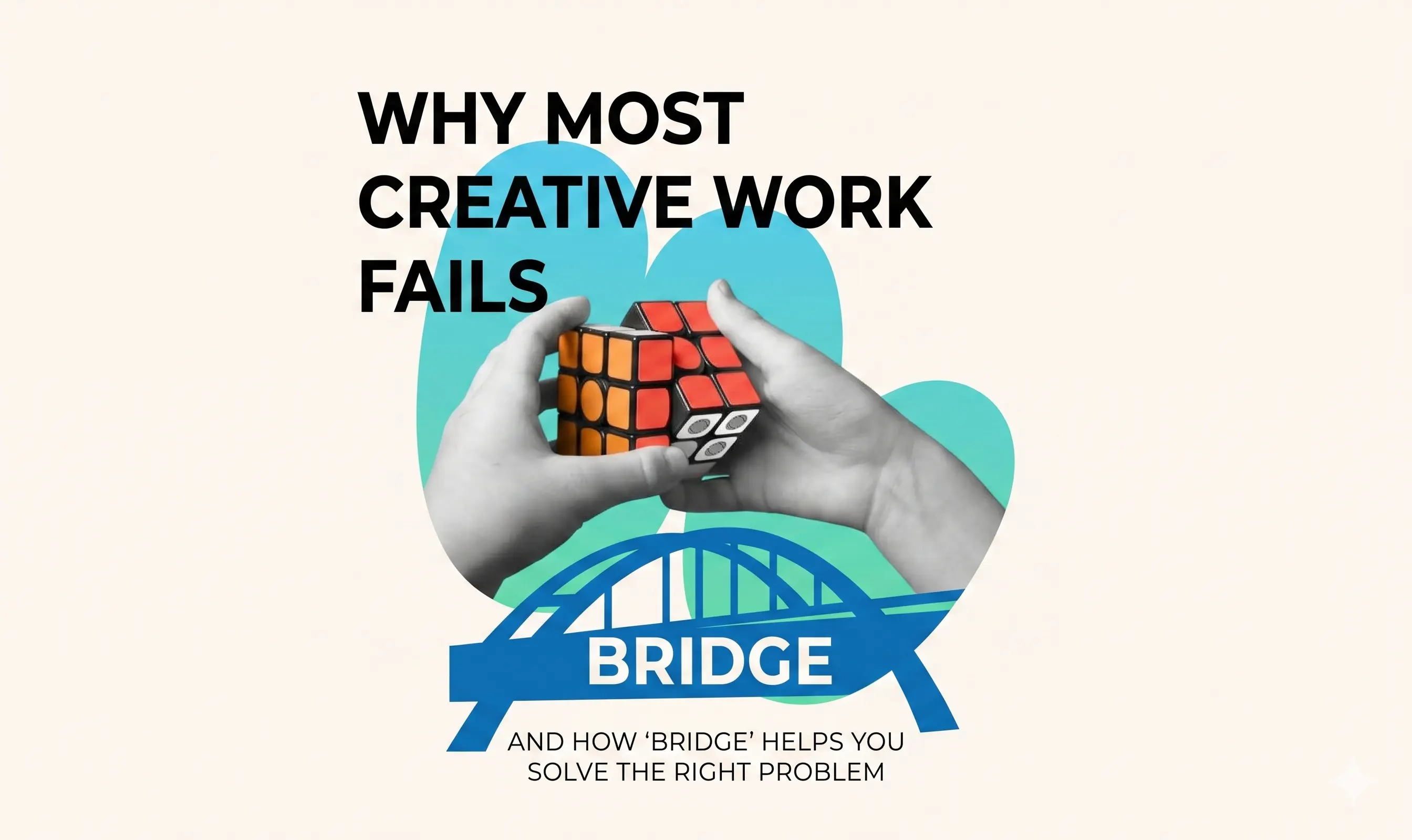 Creative problem-solving concept showing hands solving a Rubik’s cube with the BRIDGE framework for branding and creative strategy