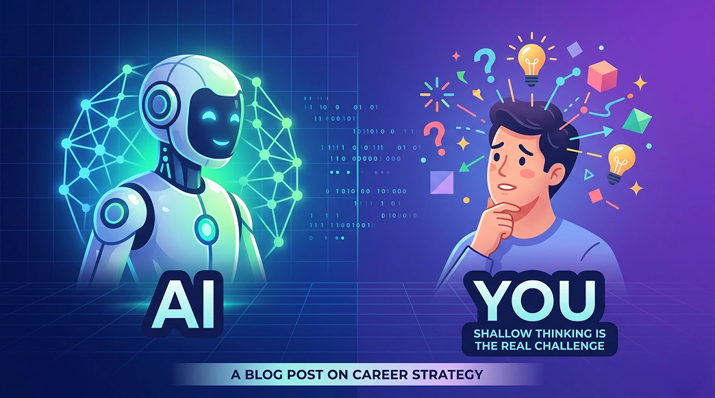 AI Is Not Your Competition, Shallow Thinking Is illustration highlighting how strategic thinking, creativity, and deep problem solving matter more than AI tools in the expert economy