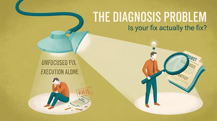 The Diagnosis Problem illustration showing strategic problem solving, diagnosis analysis, and why execution alone fails in creative and branding projects