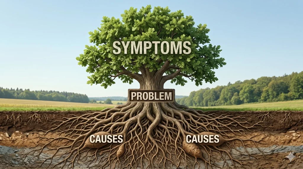 Symptoms vs problems concept illustration showing a tree with visible symptoms above ground and root causes beneath the surface representing strategic problem analysis