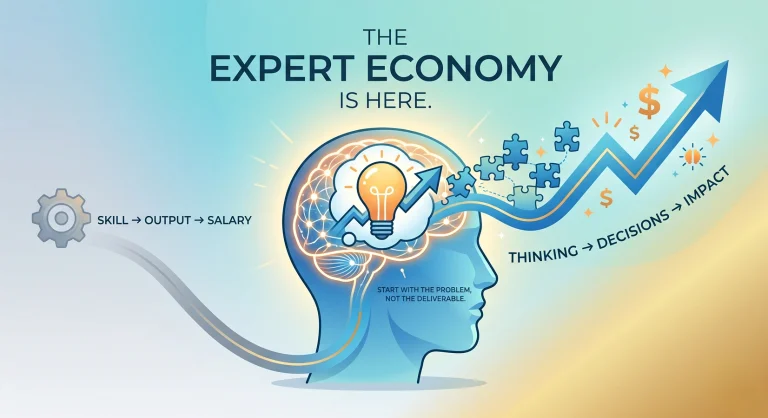 What the Expert Economy actually is illustration showing the rise of knowledge-based industries, expert-led careers, strategic problem solving, and value creation in the digital economy